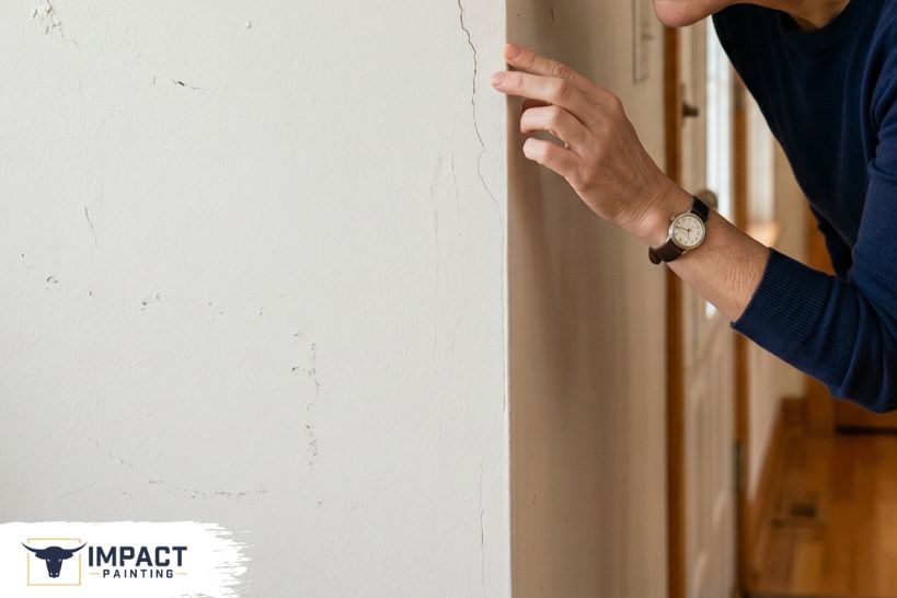 Person inspecting a crack along the corner of an interior wall, showing drywall damage that may need repair before painting.