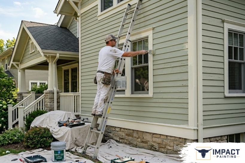 Professional painter applying exterior paint to house siding while standing on a ladder with tools and drop cloths around the work area